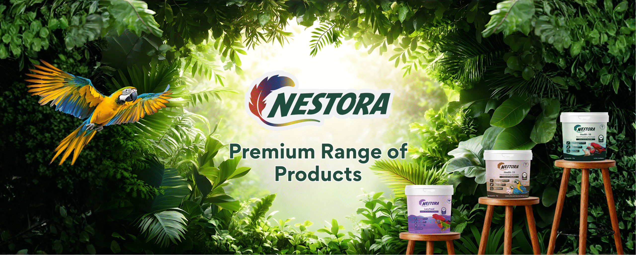 Colorful blue and yellow macaw among lush greenery.