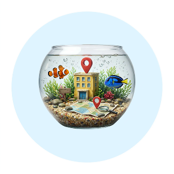 Fishbowl with miniature house and fish