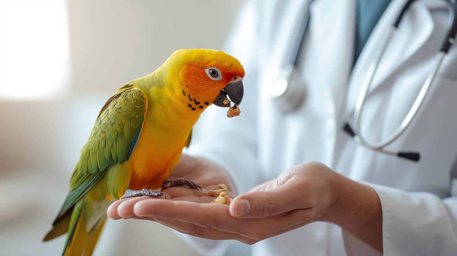 sun conure taking food with doctor